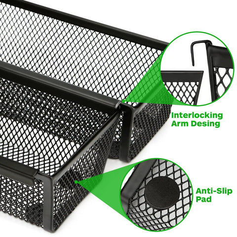 Close-up of black mesh trays showing interlocking arm design and anti-slip pad, part of Slick Six Pack Silverware And Utensil Drawer Organizer With Non Slip Feet.