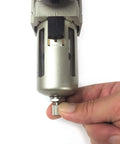 Adjusting the 3/8 In Filter Regulator Lubricator 3-In-1 With Gauge, showing locking knob and 40 micron brass filter element