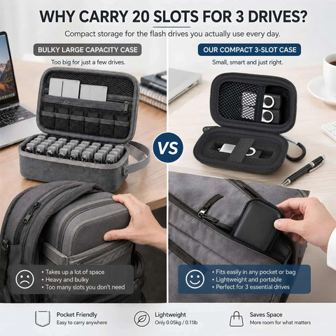 Comparison of Drop Dead Secure Hard Shell USB Flash Drive Case With Cushioned Foam Insert and Tight Elastic Strap for compact storage.