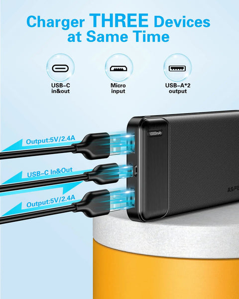 Two Pack 10000mAh Portable Charger Power Bank With Dual USB Ports On The Fly Quick Charge compact design charging three devices simultaneously.