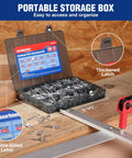 Open Aluminum Blind Rivets Assortment Kit 500 Pieces With Fourteen Sizes Including One Eighth Inch Three Thirty Second Inch Five Thirty Second Inch Three Sixteenth Inch One Quarter Inch Reinforced Label Case For DIY Metal Fixes And Durable Pop Rivets on wooden surface.
