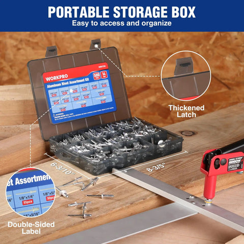Open Aluminum Blind Rivets Assortment Kit 500 Pieces With Fourteen Sizes Including One Eighth Inch Three Thirty Second Inch Five Thirty Second Inch Three Sixteenth Inch One Quarter Inch Reinforced Label Case For DIY Metal Fixes And Durable Pop Rivets on wooden surface.