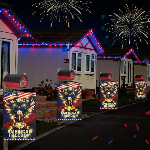 Lit 250th Anniversary USA Garden Flag With Solar LED Double Sided Patriotic Banner Celebrating 1776 2026 250 Years Of American Freedom 12 X 18 Inch Eagle Design displayed in front yard at night.