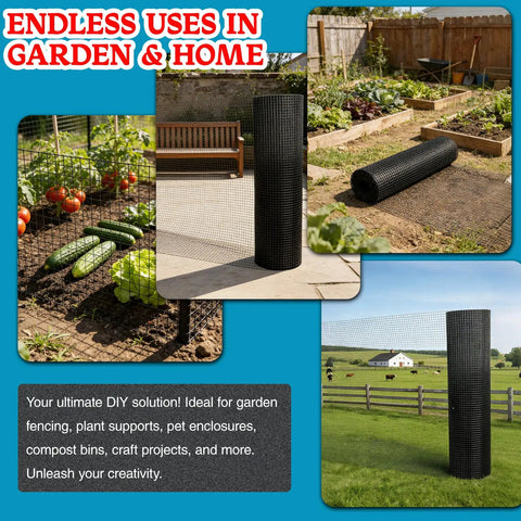 Heavy Duty Black Vinyl Coated Hardware Cloth 1/2 X 48 X 100 Foot 19 Gauge Welded Wire Fence Mesh displayed in a garden.
