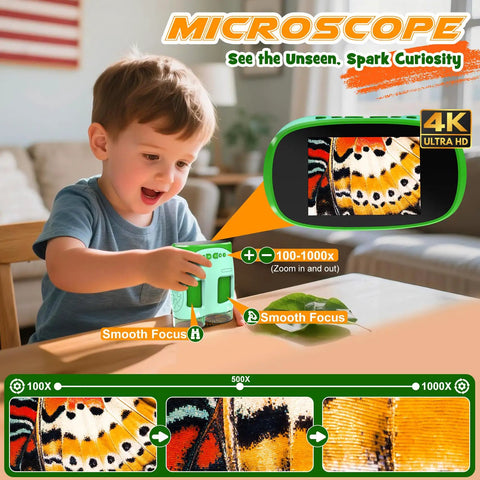 Kid Friendly 4K Handheld Microscope With 2.0 Inch Screen Rechargeable Camera Includes 6 Slides Game Changer For Indoor Outdoor Exploration Portable Science Toy For Ages 3 To 12 Easy To Use For Curious Young Explorers, green handheld microscope with child viewing butterfly wing