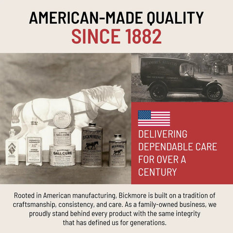 Image showing Bickmore products including bottles and a vintage car with text about American-made quality since 1882.