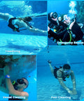 Diverse uses of 1L DOT Certified Mini Scuba Tank for underwater breathing during freediving, emergency rescue, vessel and pool cleaning.