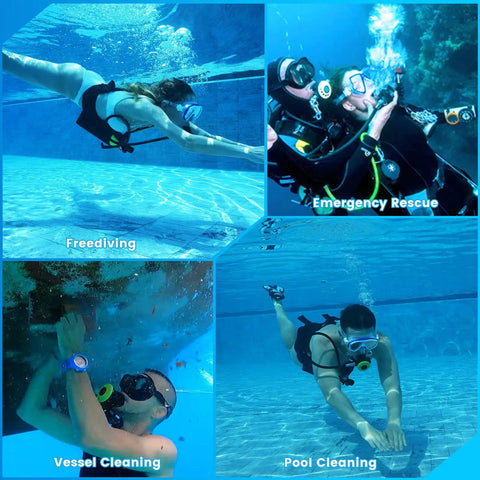 Diverse uses of 1L DOT Certified Mini Scuba Tank for underwater breathing during freediving, emergency rescue, vessel and pool cleaning.