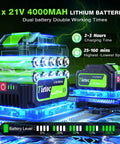 Two 4.0Ah 21V lithium batteries for Cordless Leaf Blower With Brushless Motor, 1200W Power, 6 Speed Settings, Heavy Duty Yard Cleanup