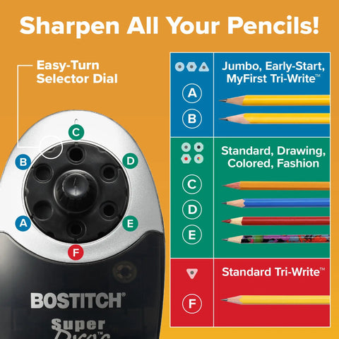 Heavy Duty 6 Hole Pencil Sharpener With Industrial Motor Quiet Fan Cooled Operation showing easy-turn selector dial