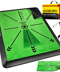 Portable Golf Hitting Mat With Real Time Swing Path Feedback, 16 By 12 Inch Practice Turf, showing green velvet surface and packaging