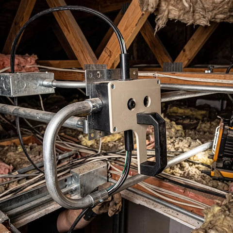 Professional Handheld Electrician Wire Puller And 8Mm Cable Tugger Smooth Rope Feeder For Tight Spaces mounted in attic with wires.