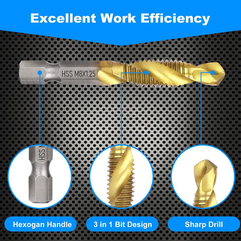 Pro Grade Titanium Plated Drill Tap Set 6 Pack With HSS Taps And Drill Bits, Hex Shank M3 M4 M5 M6 M8 M10, close-up of tap bit
