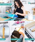 Woman with Aluminum Pizza Peel And Rocker Cutter Set 12 By 14 Inch With Foldable Wooden Handle demonstrating storage options.