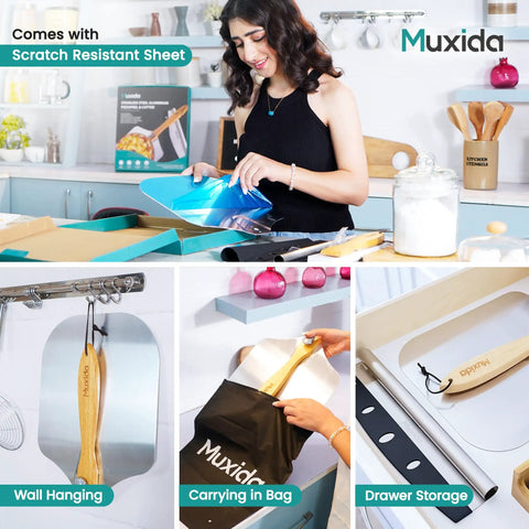 Woman with Aluminum Pizza Peel And Rocker Cutter Set 12 By 14 Inch With Foldable Wooden Handle demonstrating storage options.