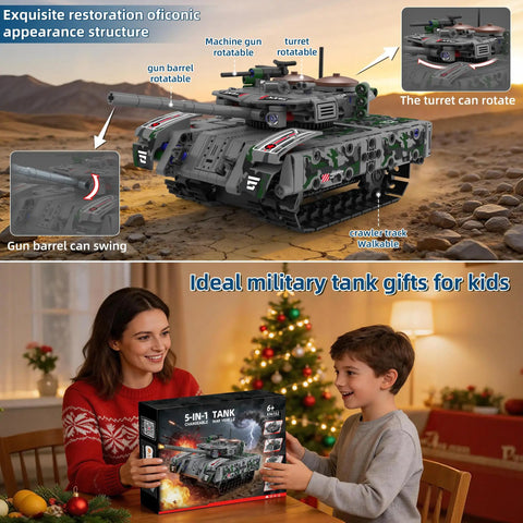 5-In-1 RC Tank Robot Building Set With 389 Pieces Transformable WW2 Military Vehicle Kit displayed with packaging and family