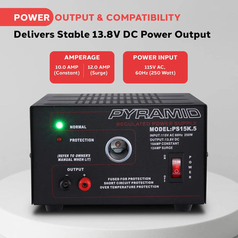 Universal Benchtop Power Supply With 10 Amp Linear Regulation, AC-To-DC Converter For Home Lab, 13.8V DC Output, PS15K.5