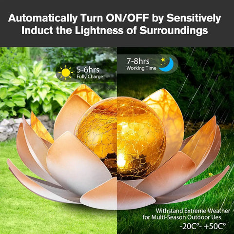 Outdoor Garden Solar Lights 2 Pack Amber Crackle Globe Lotus Decorations Waterproof Orange Metal LED Flower Lights For Patio Lawn Walkway Tabletop Ground Totally Lit Garden Gift For Women, amber crackle globe in lotus-shaped light on grass.