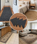 Triangle Rug Grippers For Area Rugs Set Of 12 Non Slip Pads For Hardwood Tile Or Marble Floors Dual Sided Adhesive Reusable Carpet Tape To Keep Corners Flat Anti Curl Washable Mat Grips shown on various floor types.