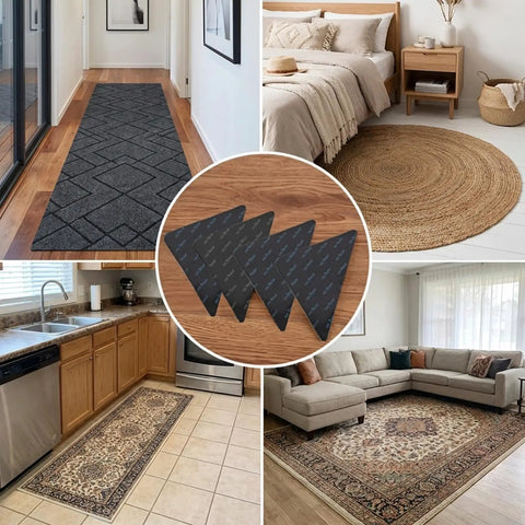 Triangle Rug Grippers For Area Rugs Set Of 12 Non Slip Pads For Hardwood Tile Or Marble Floors Dual Sided Adhesive Reusable Carpet Tape To Keep Corners Flat Anti Curl Washable Mat Grips shown on various floor types.
