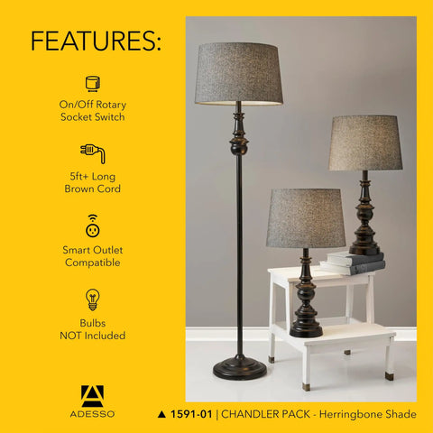 Three Piece Lamp Set With Bronze Finished Bases And Dark Herringbone Shades Includes Two Table Lamps And One Floor Lamp