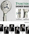Rainfall Shower System With 7-Setting Handheld, Full Bathroom Faucet Set, showing spray modes and controls, Brushed Nickel Finish