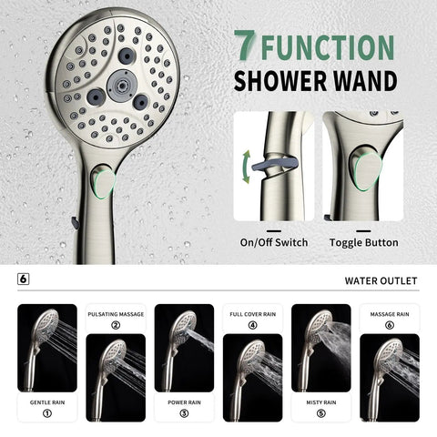 Rainfall Shower System With 7-Setting Handheld, Full Bathroom Faucet Set, showing spray modes and controls, Brushed Nickel Finish