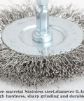 Close-up of Ten Piece Three Inch Stainless Steel Wire Wheel Brush Kit For Drill With One Quarter Inch Hex Shank Heavy Duty