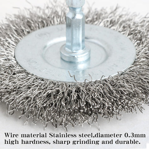 Close-up of Ten Piece Three Inch Stainless Steel Wire Wheel Brush Kit For Drill With One Quarter Inch Hex Shank Heavy Duty