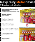 Lockout Tagout Station Safety Kit Electrical LOTO Devices OSHA Compliant Industrial Organizer Featuring 14 Safety Locks 2 Plug Locks 5 Hasps 40 Tags And Ties And 5 Circuit Breaker Lockouts visible inside a yellow metal station.
