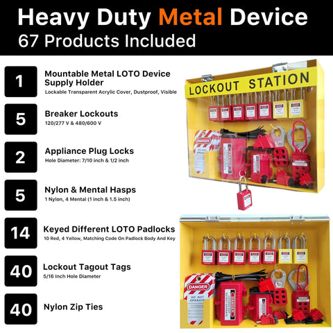 Lockout Tagout Station Safety Kit Electrical LOTO Devices OSHA Compliant Industrial Organizer Featuring 14 Safety Locks 2 Plug Locks 5 Hasps 40 Tags And Ties And 5 Circuit Breaker Lockouts visible inside a yellow metal station.