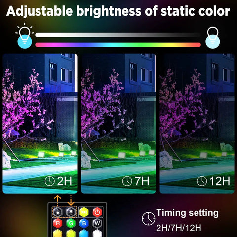 Dope 200W RGB LED Flood Light With Remote Control IP66 showcasing brightness and timer settings with colorful garden lighting