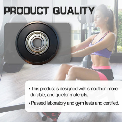Home Gym Replacement Wheels And Rollers Kit with focus on precision wheel and seated woman using exercise machine.