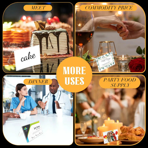 Set Of 30 Mini Acrylic Sign Holders, 2 X 3.5 Inch Clear Desk Name Plates, Horizontal V Shaped Displays For Office, School, Store, And Business, Tiny Portable Space Saving Sign Displays in use for events and meetings.
