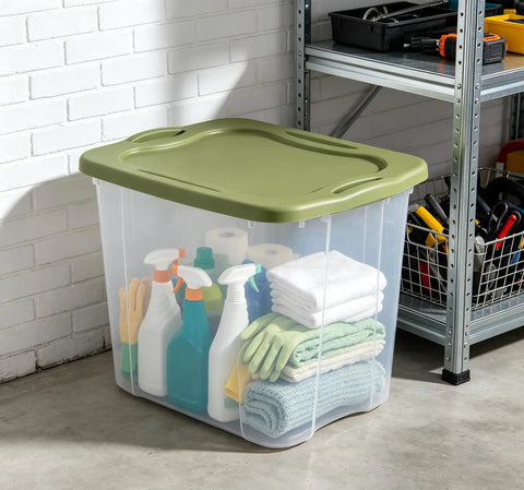 Hella Huge 95 Quart Clear Plastic Storage Bin With Super Grippy Handles for organizing cleaning supplies and linens in garage.