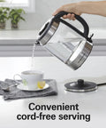 Electric Tea Kettle With 1500 Watts For Fast Boil 1.8 Liter Water Boiler Cordless Serving Auto Shutoff pouring into cup