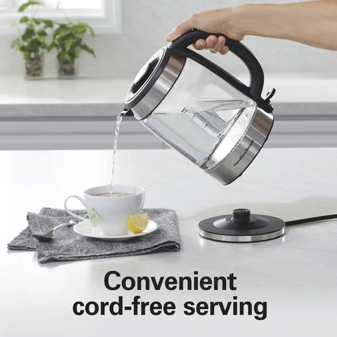 Electric Tea Kettle With 1500 Watts For Fast Boil 1.8 Liter Water Boiler Cordless Serving Auto Shutoff pouring into cup