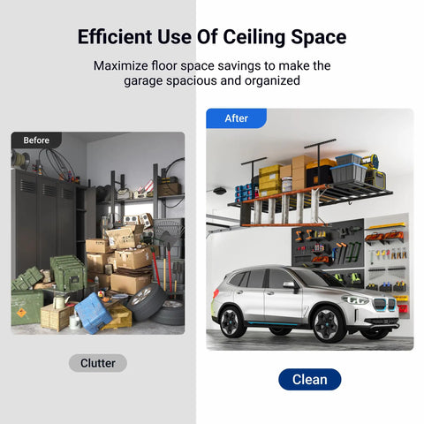 Overhead Garage Storage Rack With 6 Hooks Heavy Duty Metal Ceiling Mount Adjustable Drop Down From 22.6 To 39.4 Inches Black Lite Series in use