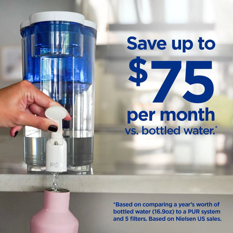 Close-up of 30 Cup Countertop Water Filter Dispenser With 2-In-1 Filtration, showing pull-down spout in use, white and blue
