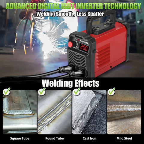 200 Amp Portable Stick Welder 110V IGBT Inverter With Hot Start Arc Force Anti-Stick, includes 20 rods, showing welding effects