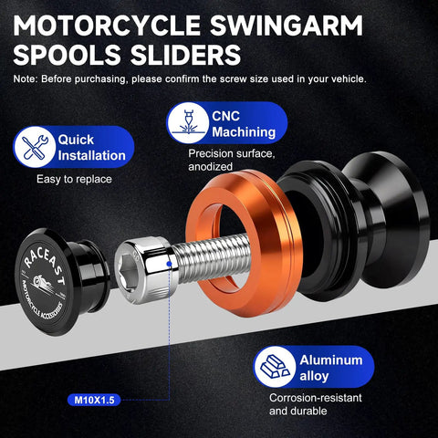 Exploded view of M10 Swingarm Spools Slider for Motorcycles 10mm x 1.5 Pitch Heavy Duty CNC Aluminum, showing features.