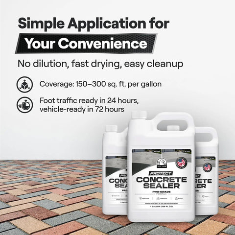 Beefy Clear Concrete And Paver Sealant For Outdoor Areas Heavy Salt And Oil Repellent Formula waterproof sealer in gallon jugs on paver surface.