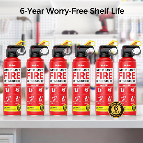 Badass Home And Car Fire Extinguisher Six Pack Certified For Kitchen And Garage A B C K Rated displayed on a shelf.