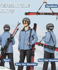 Heavy Duty Ski Straps And Pole Carrier With Adjustable Length And Cushioned Shoulder Sling in use on snowy mountain