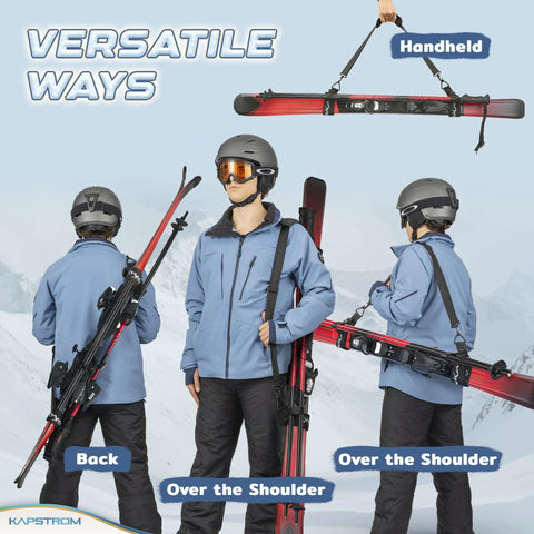 Heavy Duty Ski Straps And Pole Carrier With Adjustable Length And Cushioned Shoulder Sling in use on snowy mountain