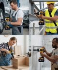 People using Beefy 21V Brushless Cordless Impact Wrench Kit With Half Inch Drive 600 Nm Torque on vehicles and for woodworking.