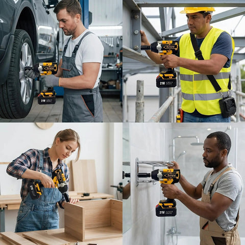 People using Beefy 21V Brushless Cordless Impact Wrench Kit With Half Inch Drive 600 Nm Torque on vehicles and for woodworking.