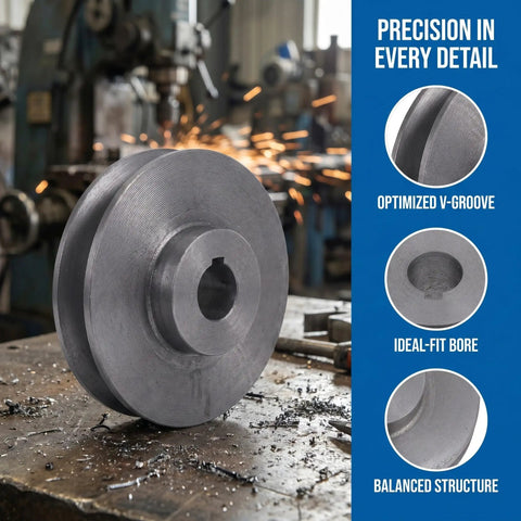 Heavy Duty Cast Iron Air Compressor Pulley 100mm Od Single Groove V Belt Drive With Tight Fit 19mm Bore on machine shop table.