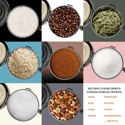 Various contents in Airtight Stainless Steel Coffee Canister With Window 22 Oz Pantry Storage for versatile kitchen organizing.