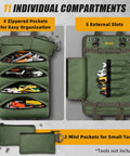 Heavy Duty Roll Up Tool Bag Portable Soft Tool Storage Foldable Organizer With Small Pockets Water Resistant PVC Coated Oxford For Mechanics Dads Home Garage Green showing open compartments with slots and zippered sections